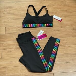 Pam & Gela Move Fast Black with Rainbow Stripes Yoga Barre Pilates Set S *NWT*NC